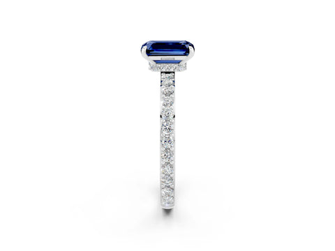 White gold Emerald Cut Blue Sapphire Solitaire Engagement Ring with Pavé Band and Four-Prong Setting_2
