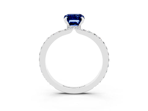 White gold Emerald Cut Blue Sapphire Solitaire Engagement Ring with Pavé Band and Four-Prong Setting_3