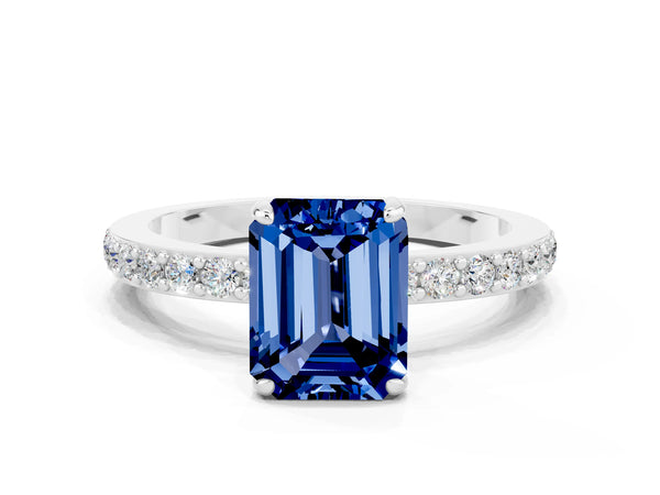 White gold Emerald Cut Blue Sapphire Solitaire Engagement Ring with Pavé Band and Four-Prong Setting