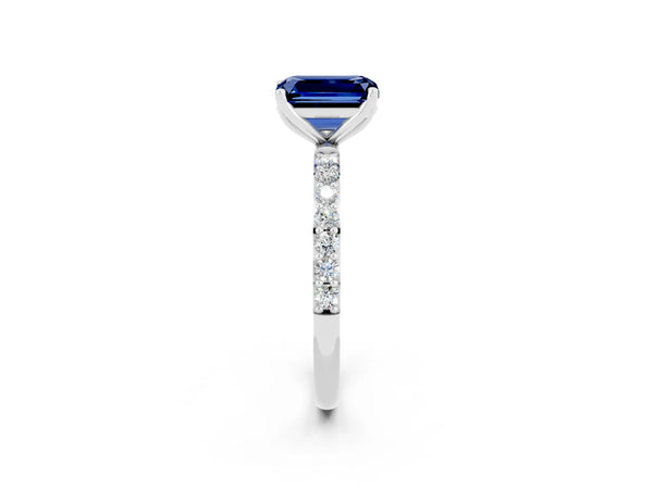 Silver Emerald Cut Blue Sapphire Solitaire Engagement Ring with Round  Pavé Band and Prong Setting