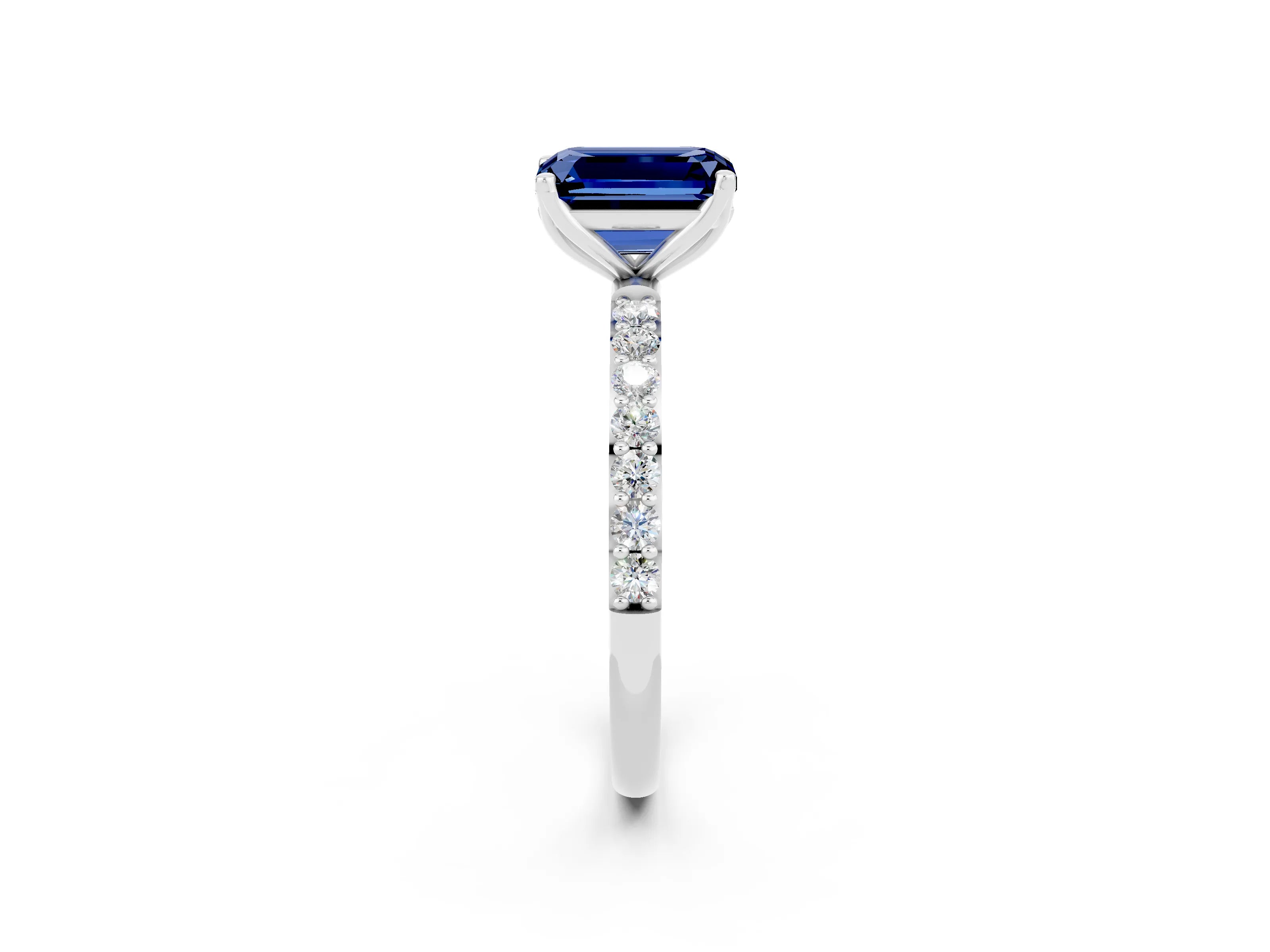 White gold Emerald Cut Blue Sapphire Solitaire Engagement Ring with Pavé Band and Prong Setting_2