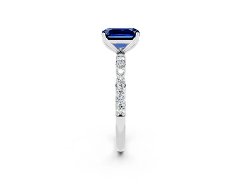White gold Emerald Cut Blue Sapphire Solitaire Engagement Ring with Pavé Band and Prong Setting_2