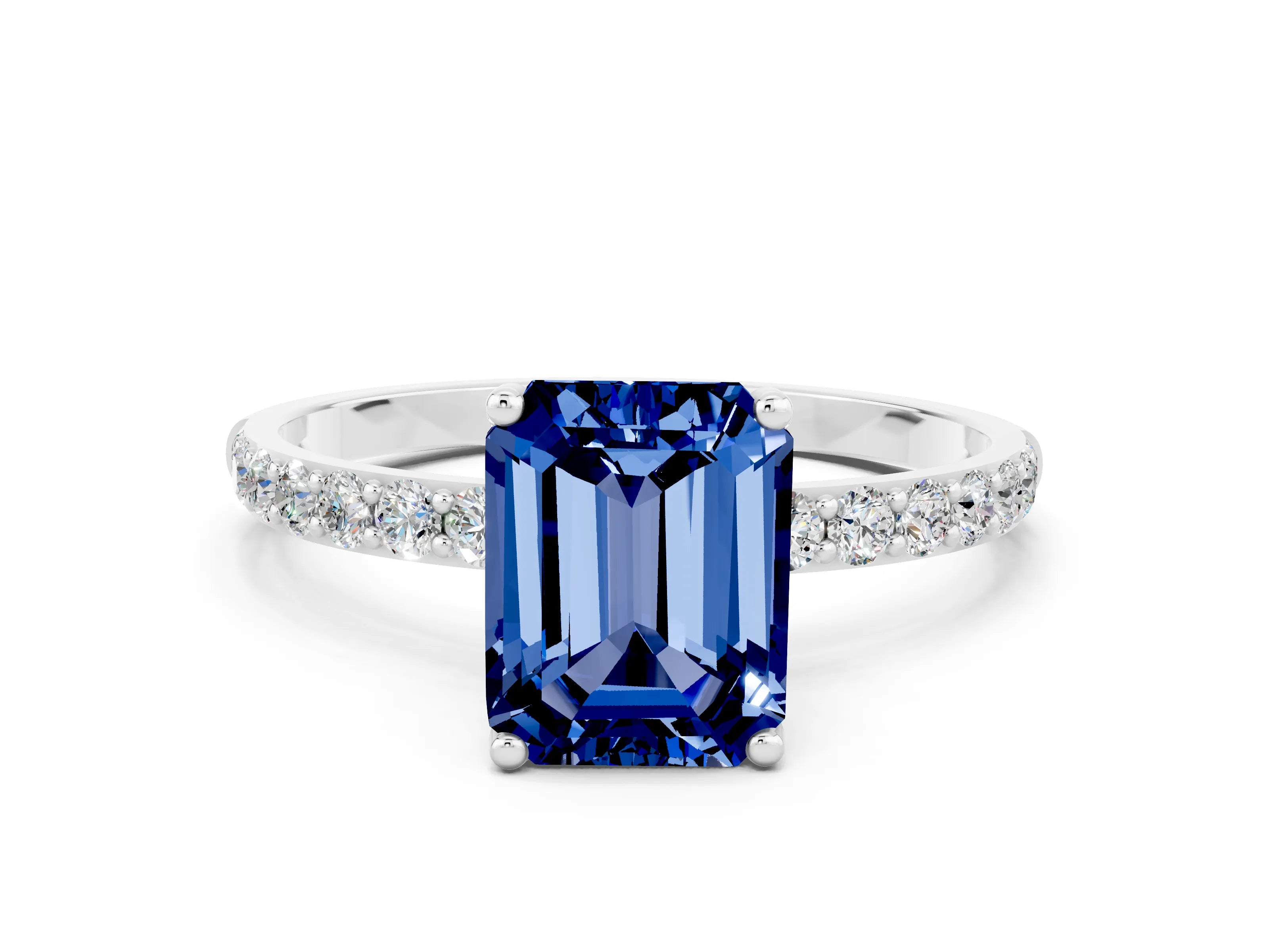 White gold Emerald Cut Blue Sapphire Solitaire Engagement Ring with Pavé Band and Prong Setting