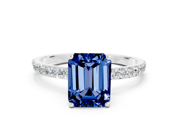White gold Emerald Cut Blue Sapphire Solitaire Engagement Ring with Round  Pavé Band and Prong Setting