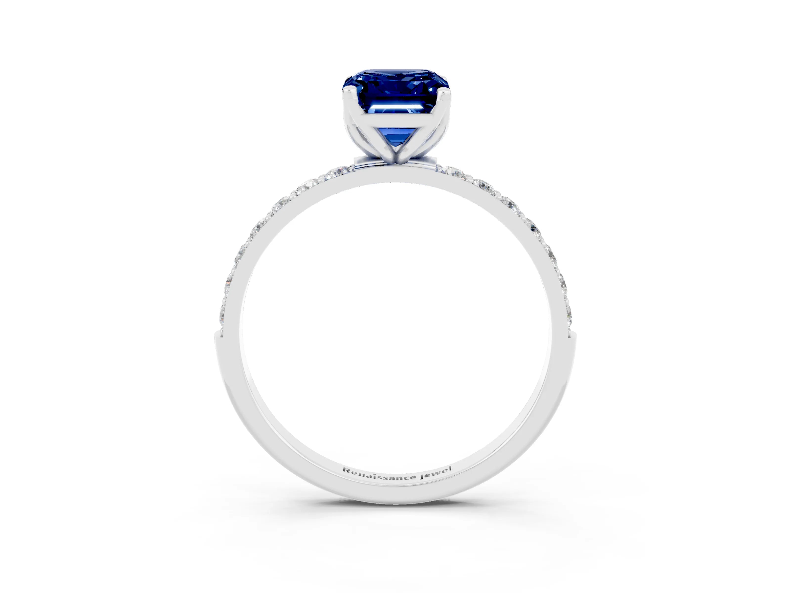White gold Emerald Cut Blue Sapphire Solitaire Engagement Ring with Pavé Band and Prong Setting_3