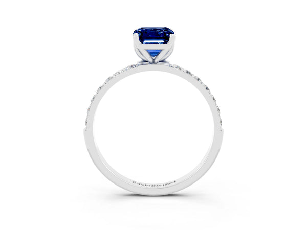White gold Emerald Cut Blue Sapphire Solitaire Engagement Ring with Round  Pavé Band and Prong Setting