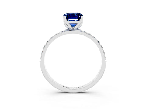White gold Emerald Cut Blue Sapphire Solitaire Engagement Ring with Pavé Band and Prong Setting_3