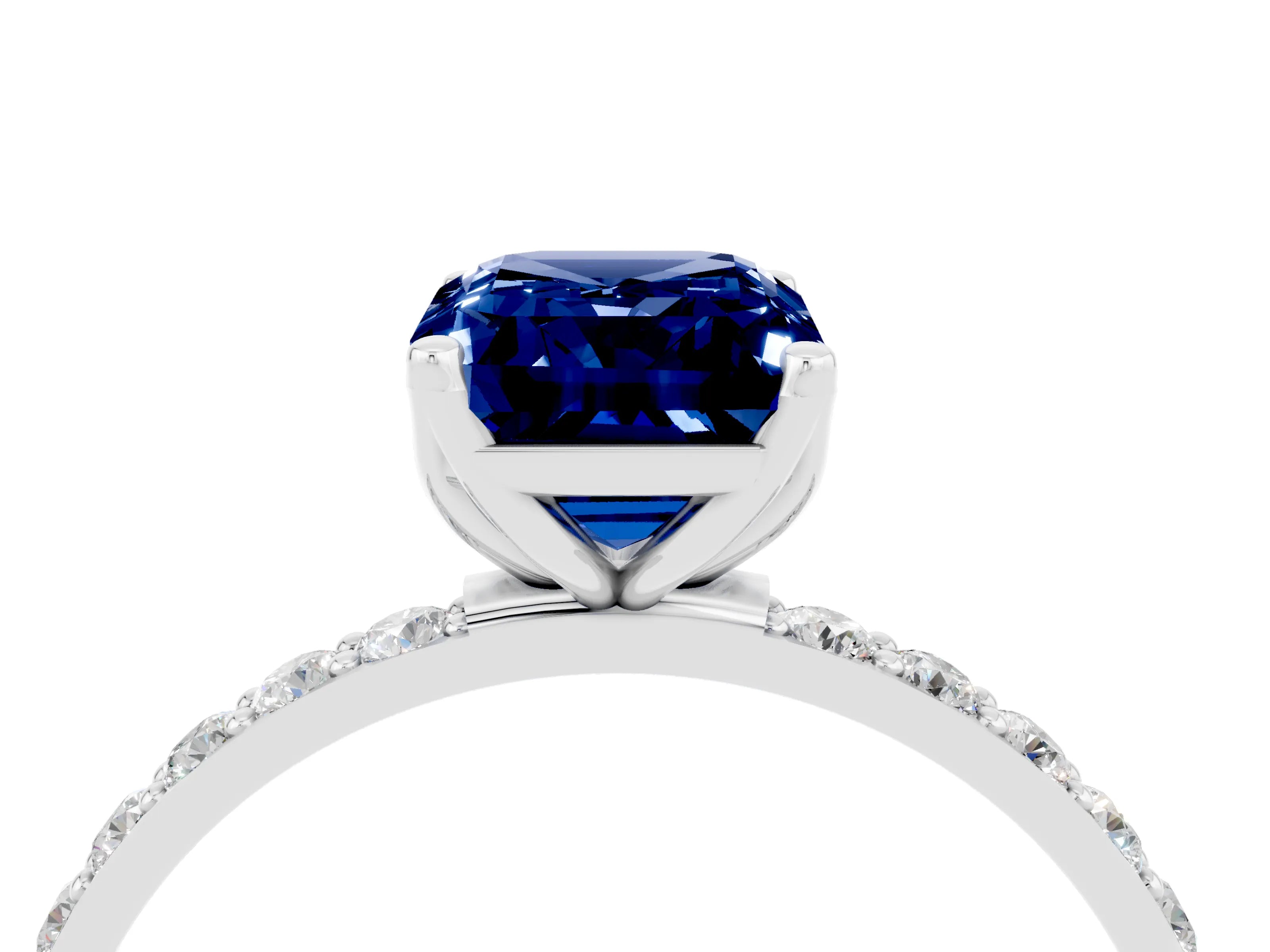 White gold Emerald Cut Blue Sapphire Solitaire Engagement Ring with Pavé Band and Prong Setting_4