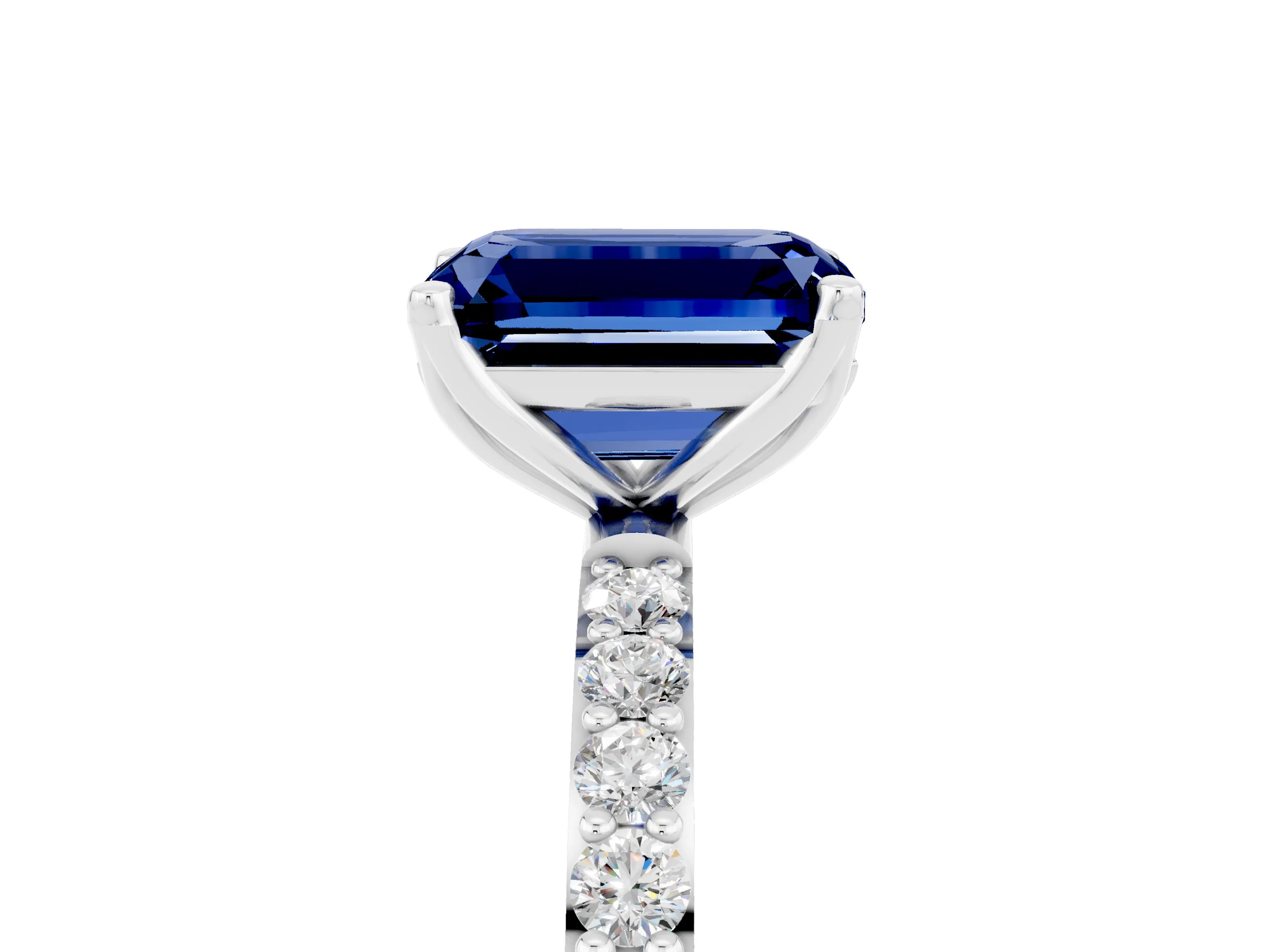 White gold Emerald Cut Blue Sapphire Solitaire Engagement Ring with Pavé Band and Prong Setting_5
