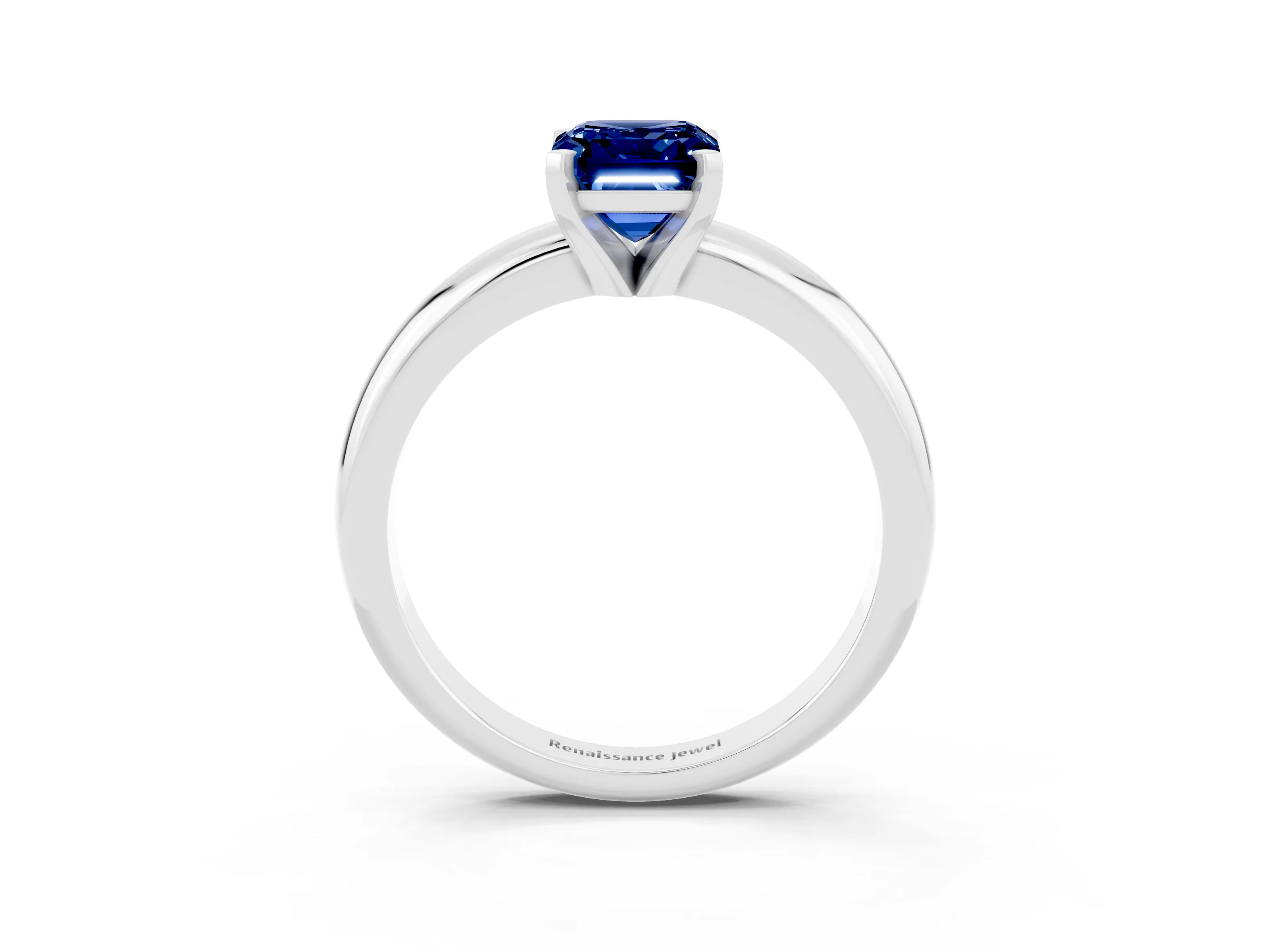 White gold Emerald Cut Blue Sapphire Solitaire Engagement Ring with Round Band and Four-Prong Setting_3
