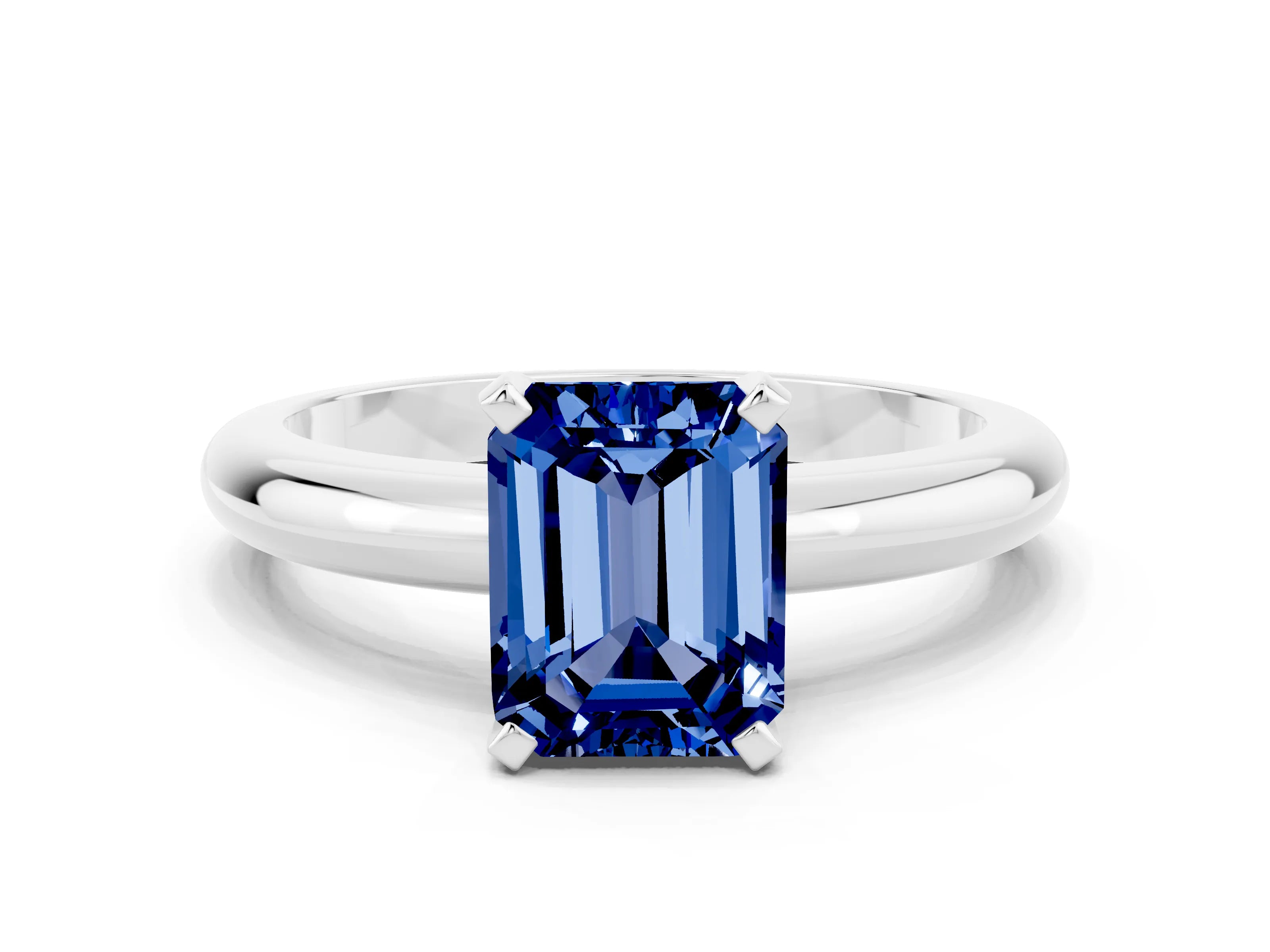 White gold Emerald Cut Blue Sapphire Solitaire Engagement Ring with Round Band and Four-Prong Setting