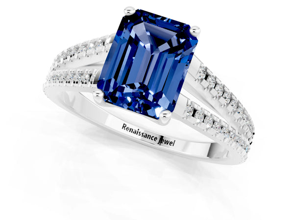 Platinum Emerald Cut Blue Sapphire Solitaire Engagement Ring with Split Shank Pavé Band