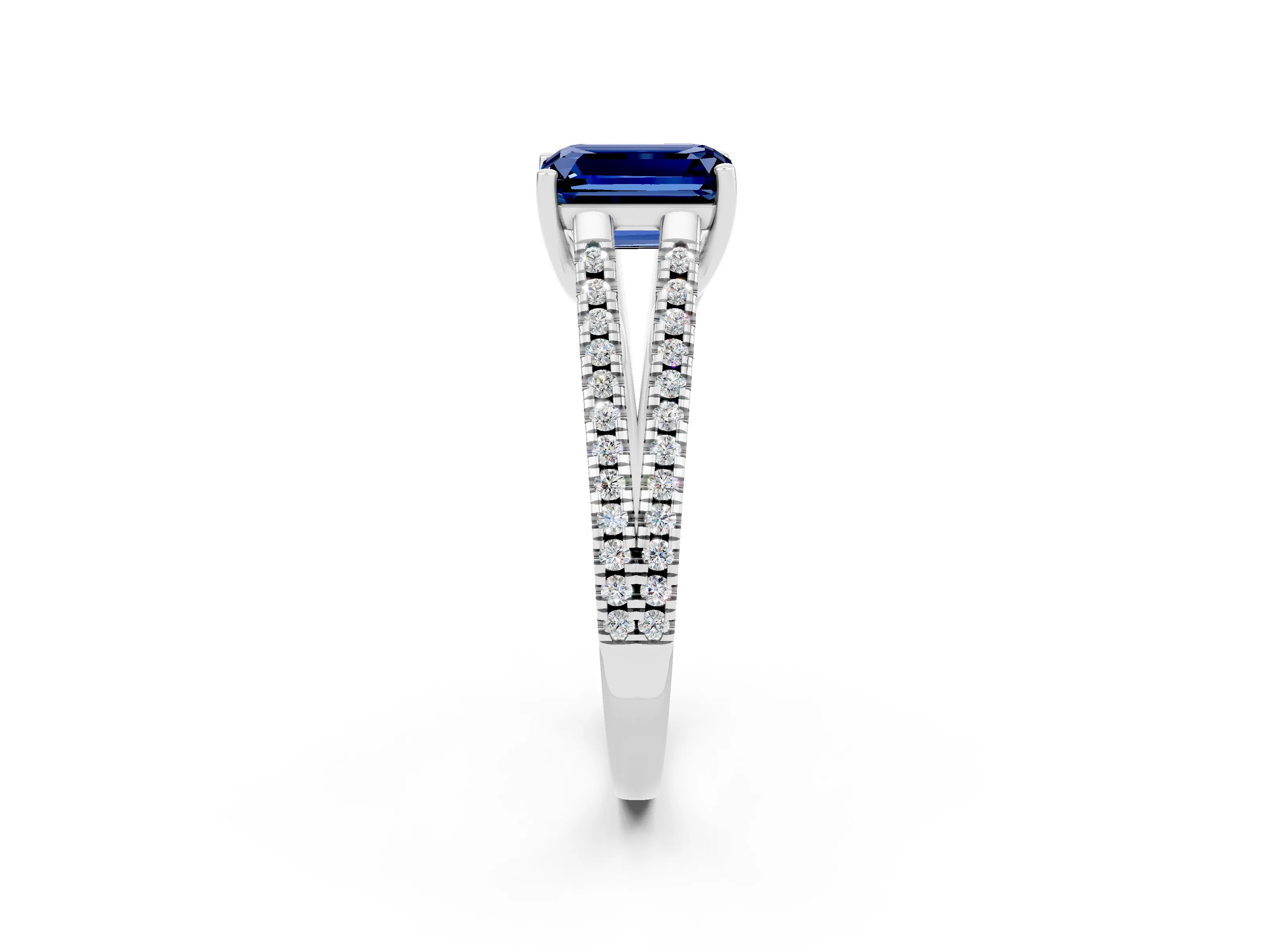 White gold Emerald Cut Blue Sapphire Solitaire Engagement Ring with Split Shank Pavé Band_2