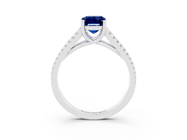 Platinum Emerald Cut Blue Sapphire Solitaire Engagement Ring with Split Shank Pavé Band
