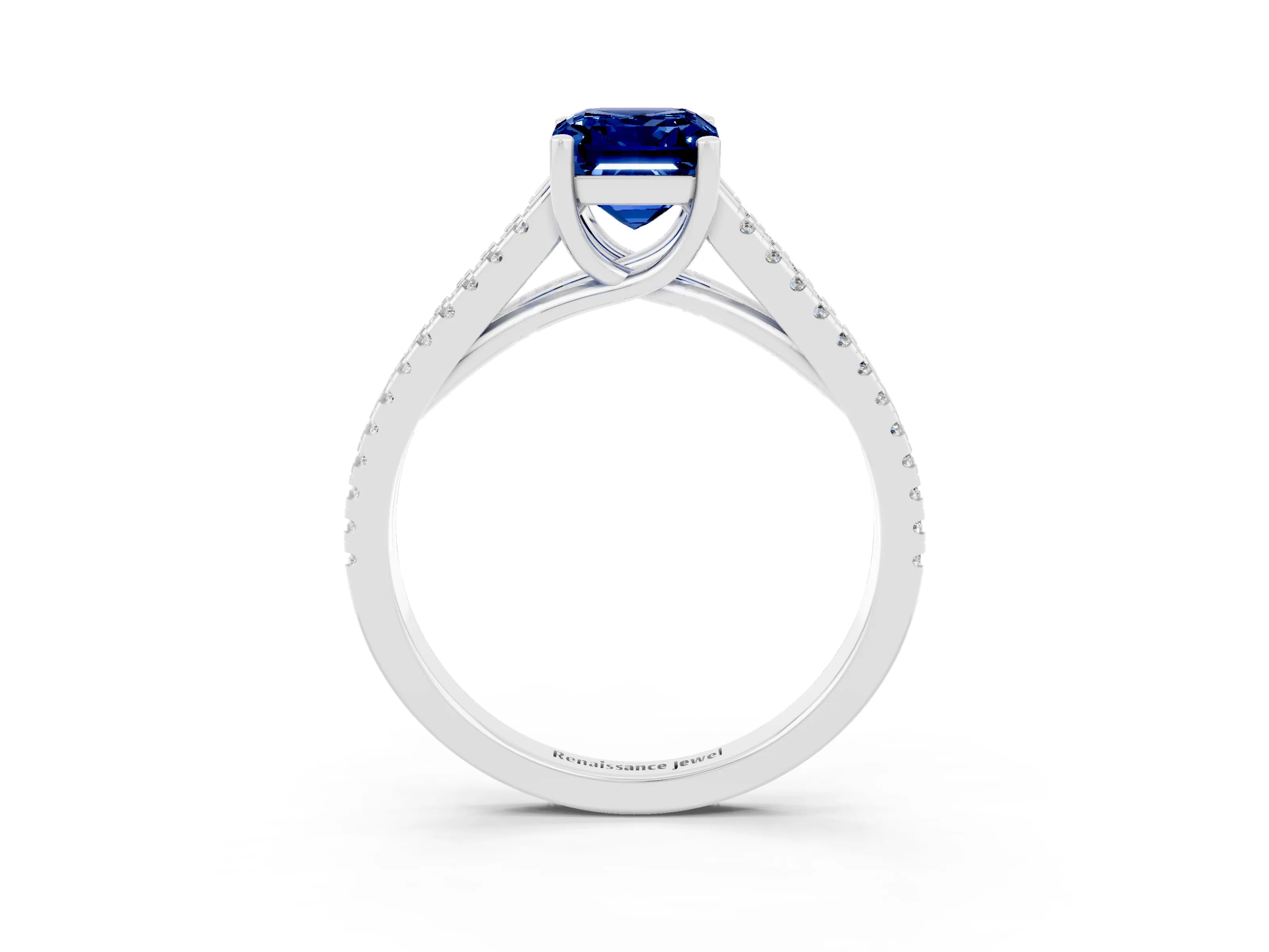 White gold Emerald Cut Blue Sapphire Solitaire Engagement Ring with Split Shank Pavé Band_3