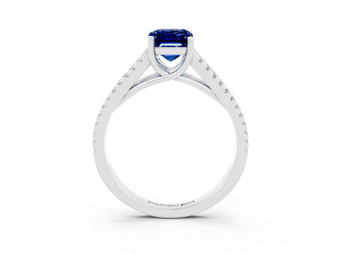 White gold Emerald Cut Blue Sapphire Solitaire Engagement Ring with Split Shank Pavé Band_3