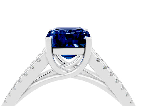 White gold Emerald Cut Blue Sapphire Solitaire Engagement Ring with Split Shank Pavé Band_4