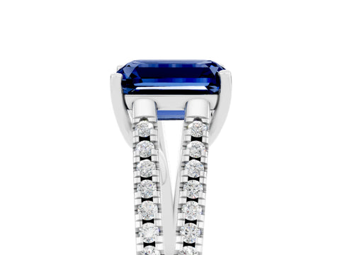 White gold Emerald Cut Blue Sapphire Solitaire Engagement Ring with Split Shank Pavé Band_5