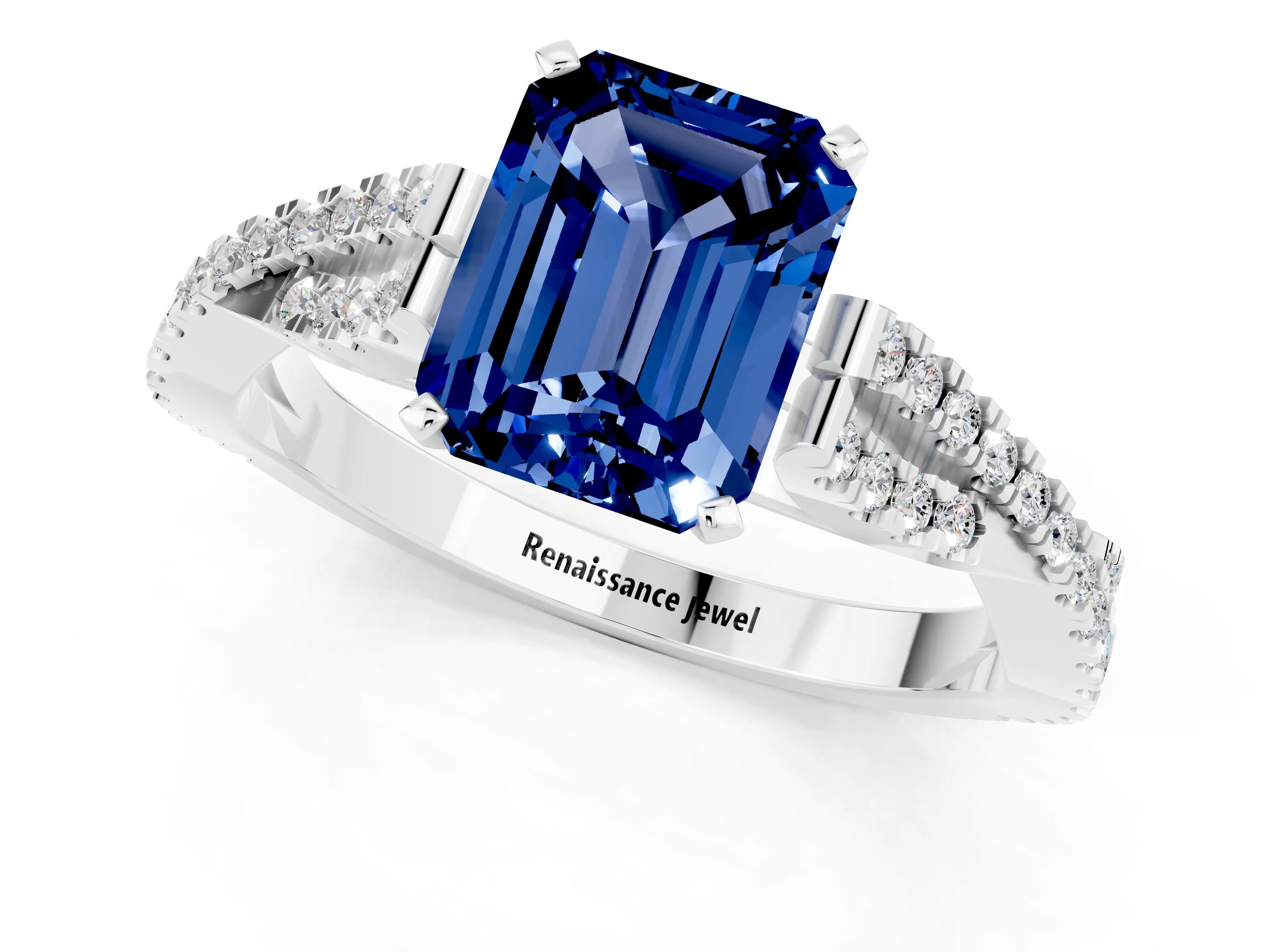 White gold Emerald Cut Blue Sapphire Solitaire Engagement Ring with Twisted Pavé Band and Four-Prong Setting_1