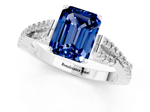White gold Emerald Cut Blue Sapphire Solitaire Engagement Ring with Twisted Pavé Band and Four-Prong Setting_1