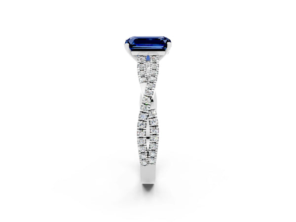 Platinum Emerald Cut Blue Sapphire Solitaire Engagement Ring with Twisted Pavé Band and Four-Prong Setting