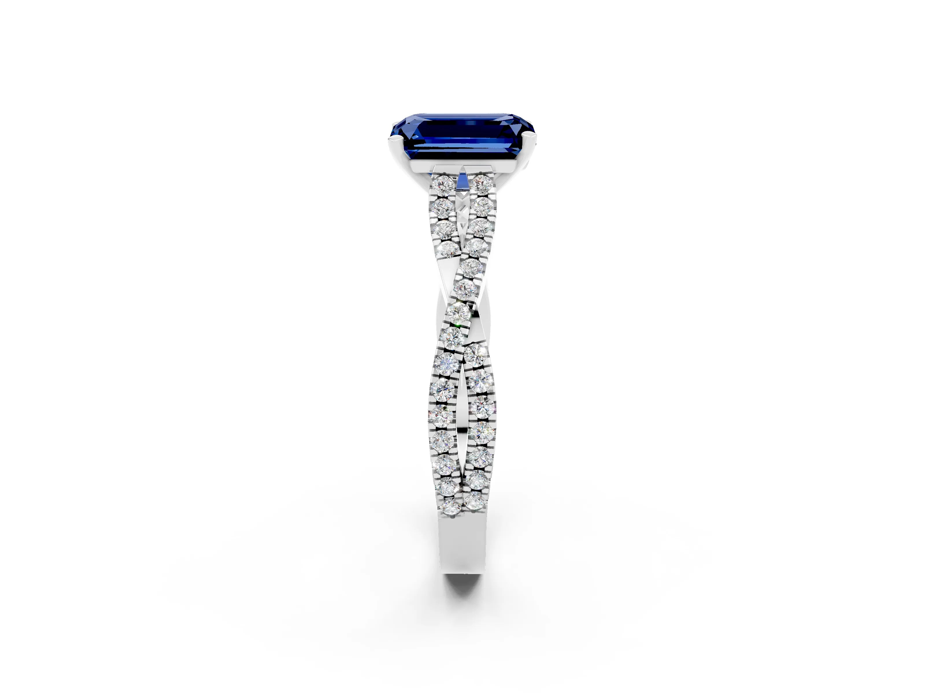 White gold Emerald Cut Blue Sapphire Solitaire Engagement Ring with Twisted Pavé Band and Four-Prong Setting_2