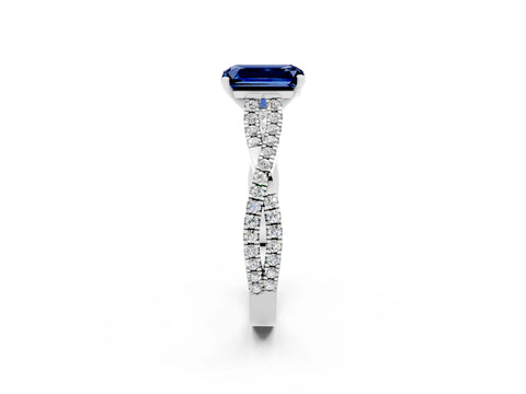 White gold Emerald Cut Blue Sapphire Solitaire Engagement Ring with Twisted Pavé Band and Four-Prong Setting_2