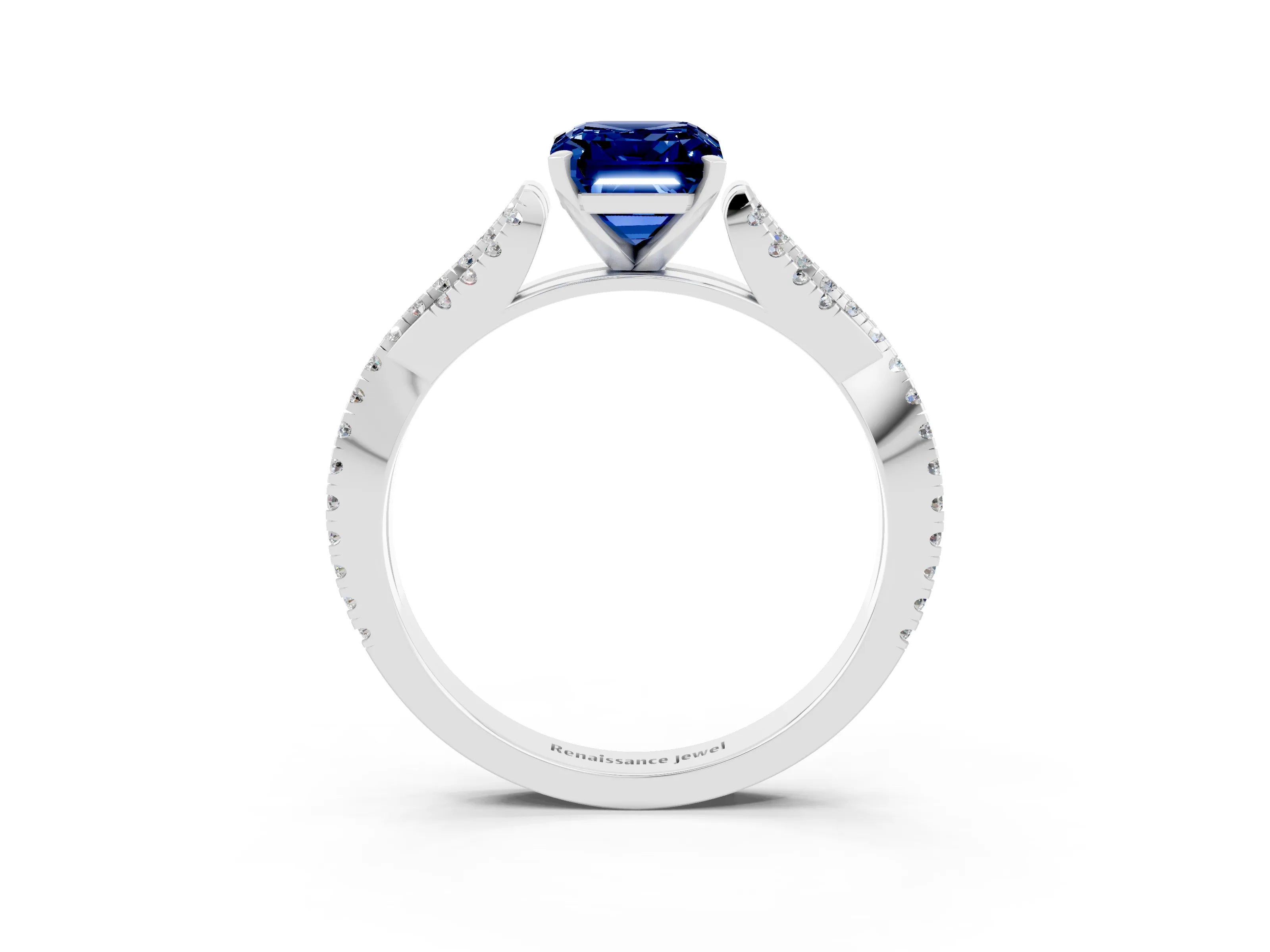 White gold Emerald Cut Blue Sapphire Solitaire Engagement Ring with Twisted Pavé Band and Four-Prong Setting_3