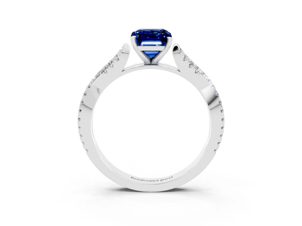 Silver Emerald Cut Blue Sapphire Solitaire Engagement Ring with Twisted Pavé Band and Four-Prong Setting