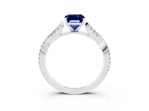 White gold Emerald Cut Blue Sapphire Solitaire Engagement Ring with Twisted Pavé Band and Four-Prong Setting_3