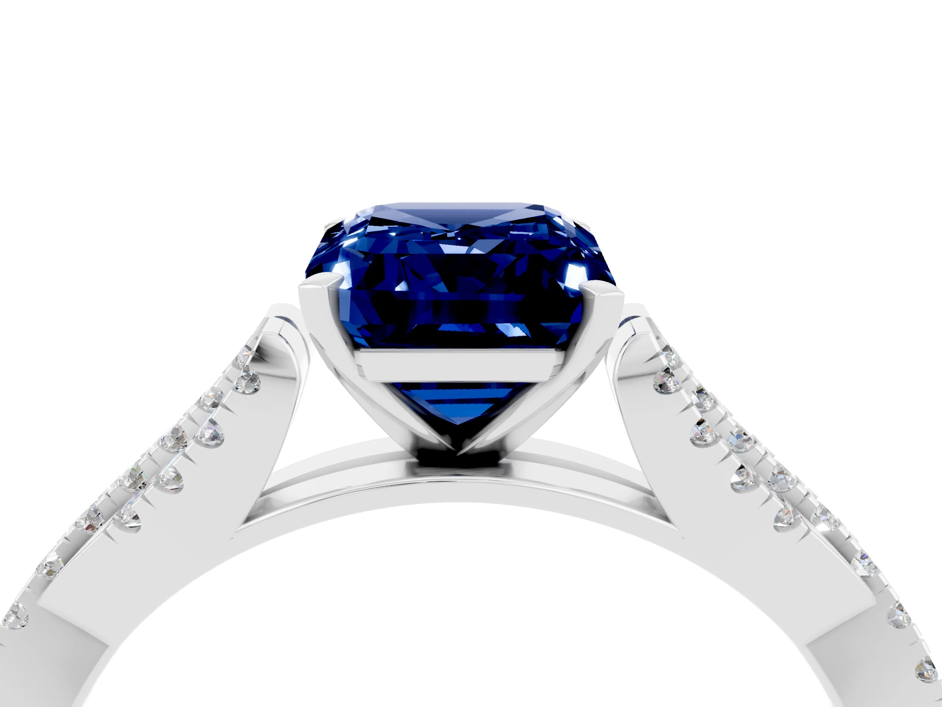 White gold Emerald Cut Blue Sapphire Solitaire Engagement Ring with Twisted Pavé Band and Four-Prong Setting_4