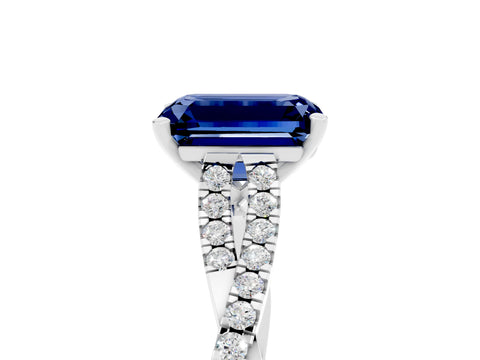 White gold Emerald Cut Blue Sapphire Solitaire Engagement Ring with Twisted Pavé Band and Four-Prong Setting_5