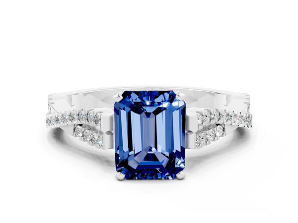 White gold Emerald Cut Blue Sapphire Solitaire Engagement Ring with Twisted Pavé Band and Four-Prong Setting