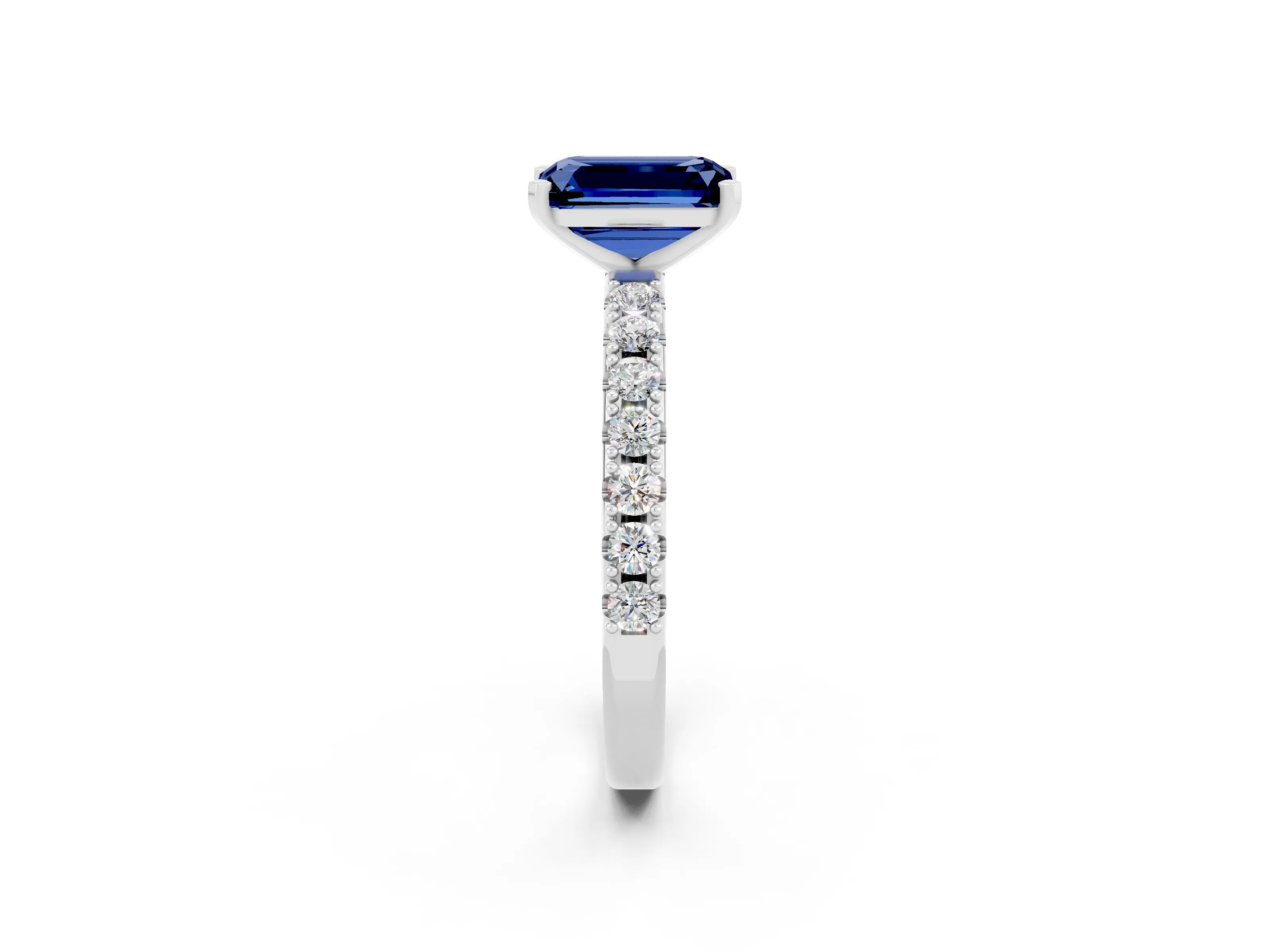 White gold Emerald Cut Blue Sapphire Solitaire Pavé Band with Four-Prong Setting_2