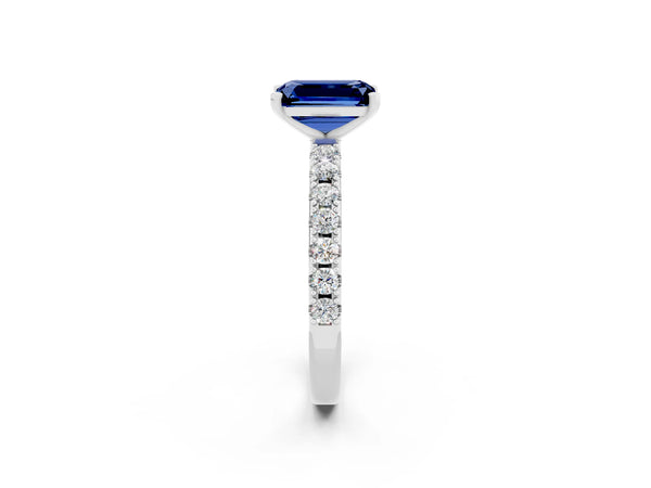 Silver Emerald Cut Blue Sapphire Solitaire Pavé Band with Four-Prong Setting