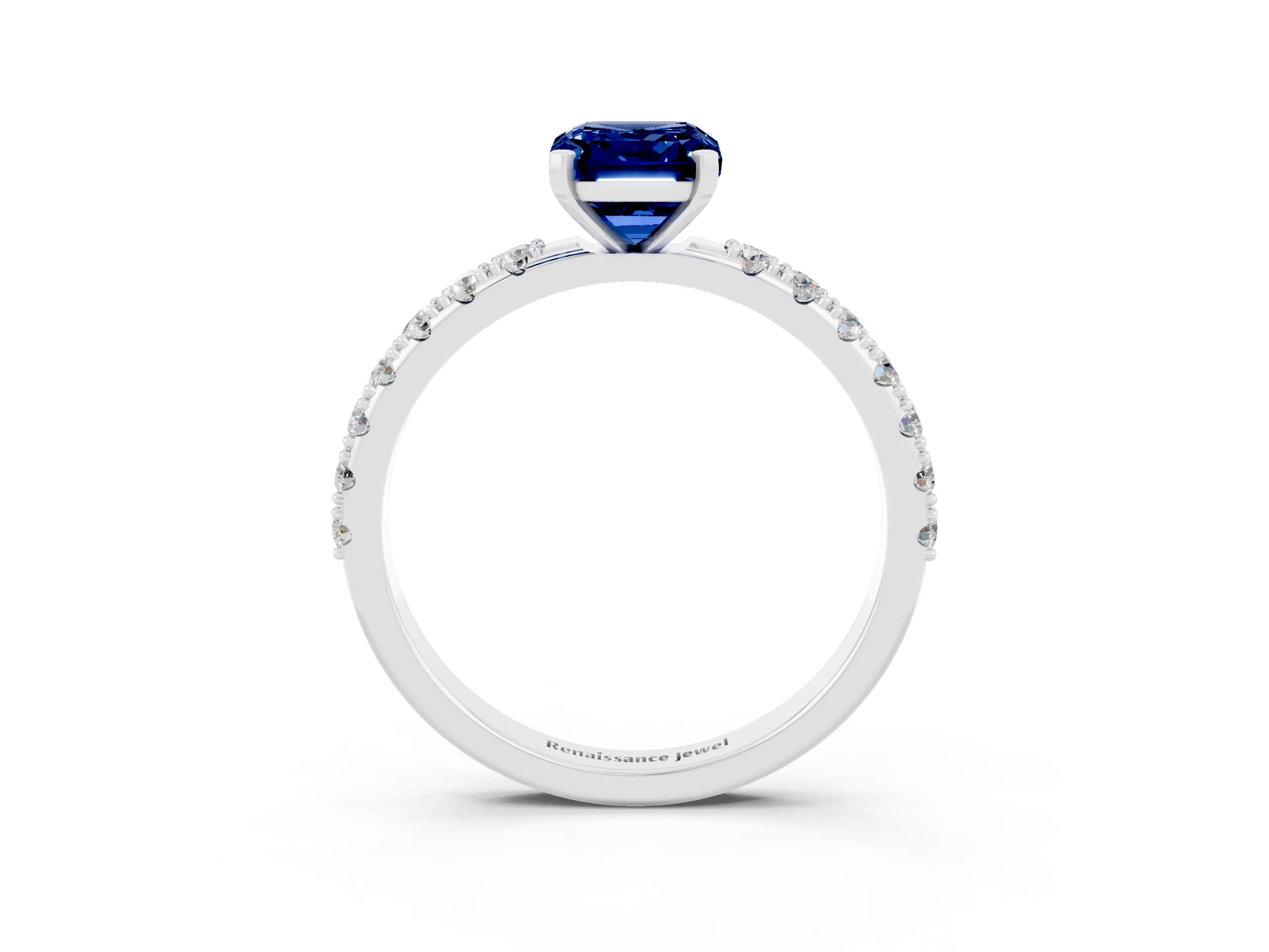 White gold Emerald Cut Blue Sapphire Solitaire Pavé Band with Four-Prong Setting_3