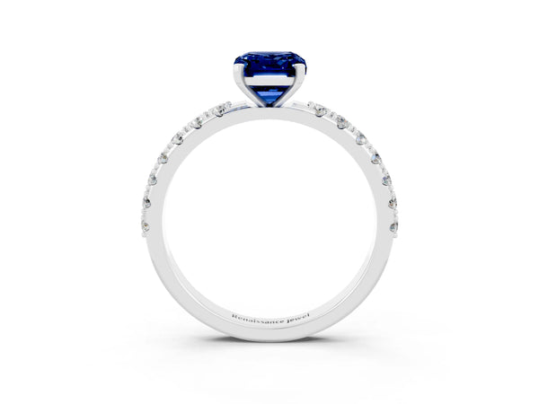 Silver Emerald Cut Blue Sapphire Solitaire Pavé Band with Four-Prong Setting