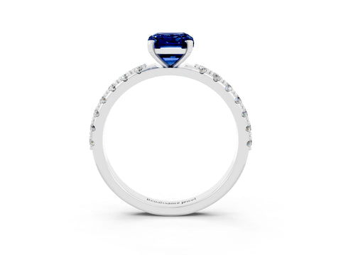 White gold Emerald Cut Blue Sapphire Solitaire Pavé Band with Four-Prong Setting_3