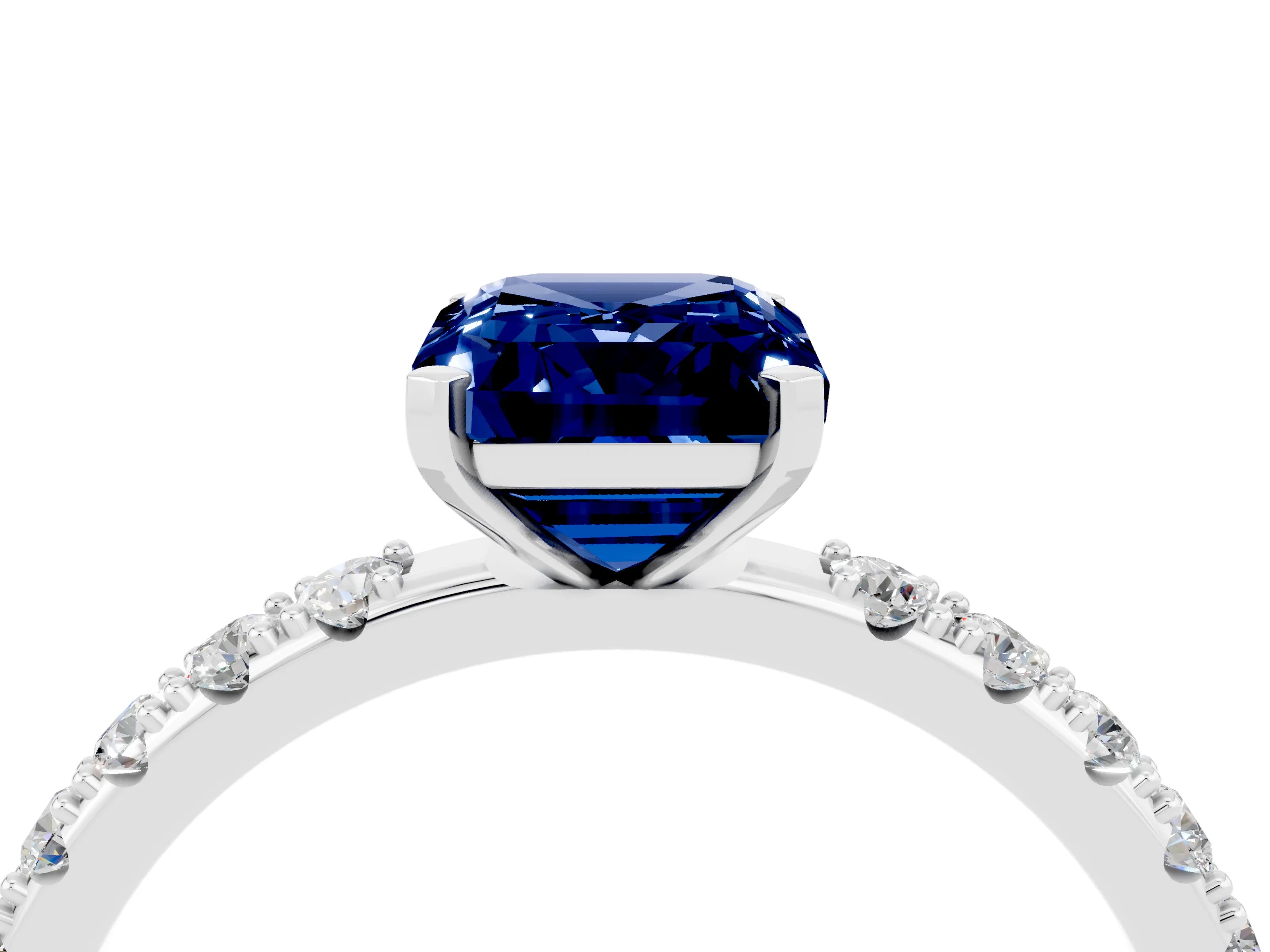 White gold Emerald Cut Blue Sapphire Solitaire Pavé Band with Four-Prong Setting_4