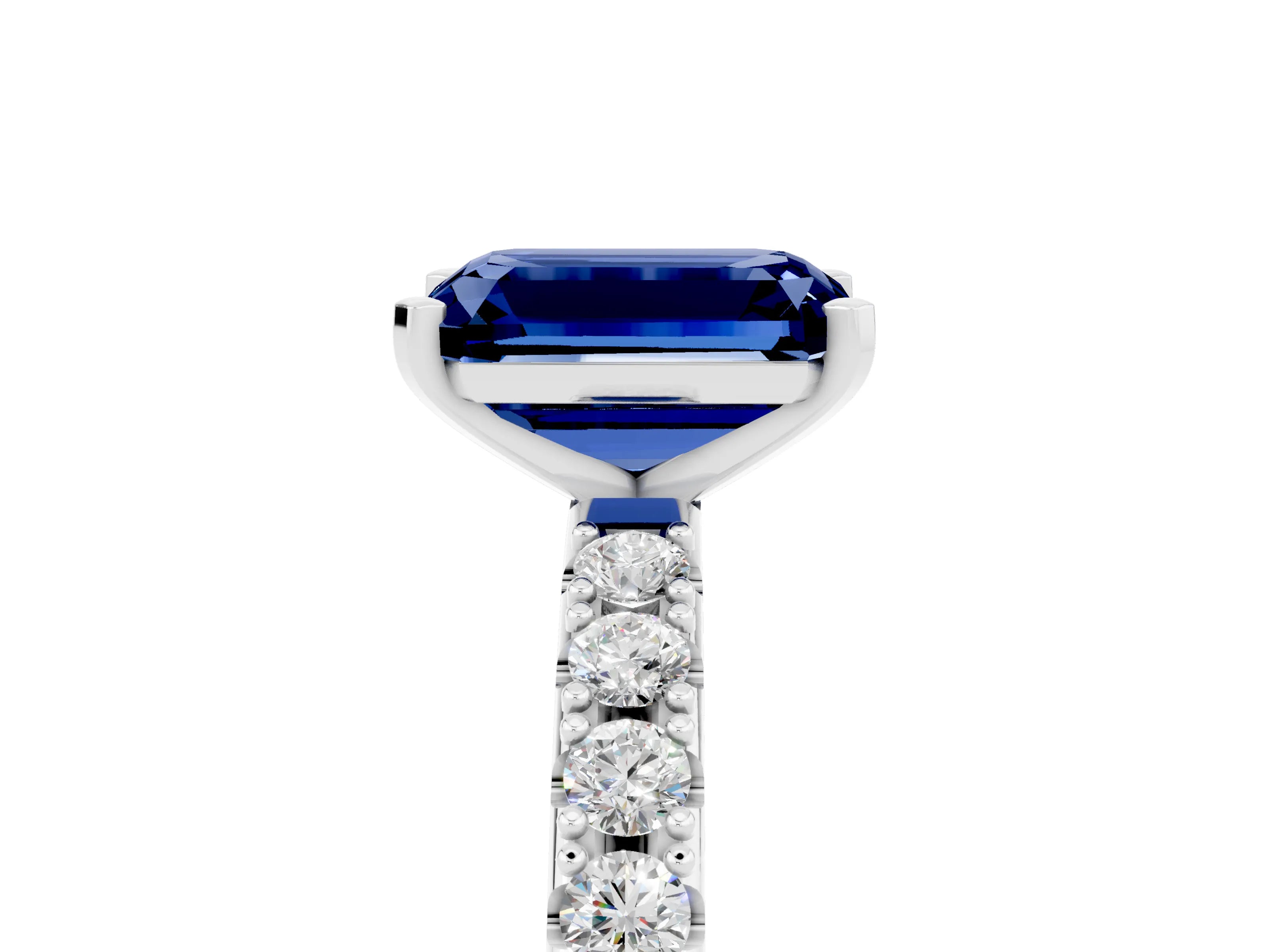 White gold Emerald Cut Blue Sapphire Solitaire Pavé Band with Four-Prong Setting_5