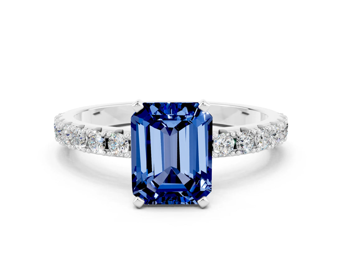White gold Emerald Cut Blue Sapphire Solitaire Pavé Band with Four-Prong Setting