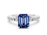 White gold Emerald Cut Blue Sapphire Solitaire Pavé Band with Four-Prong Setting