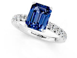 White gold Emerald Cut Blue Sapphire Solitaire Pavé Engagement Ring with Round Band and Prong Setting_13