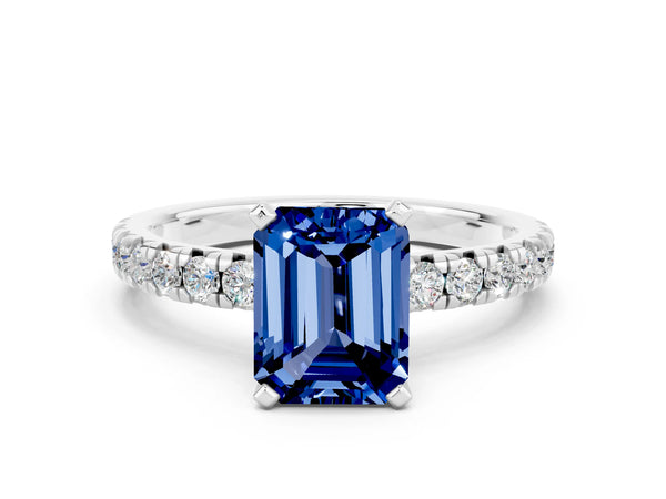 Silver Emerald Cut Blue Sapphire Solitaire Pavé Engagement Ring with Round Band and Prong Setting