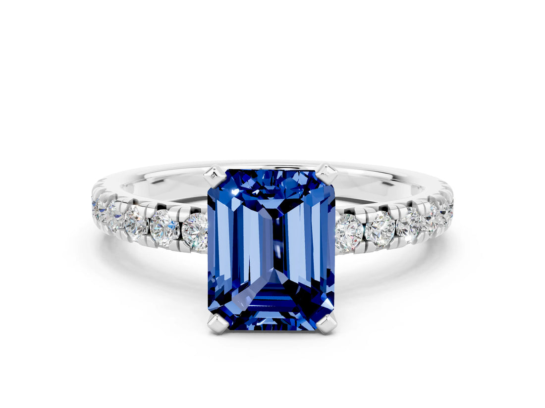 White gold Emerald Cut Blue Sapphire Solitaire Pavé Engagement Ring with Round Band and Prong Setting_72