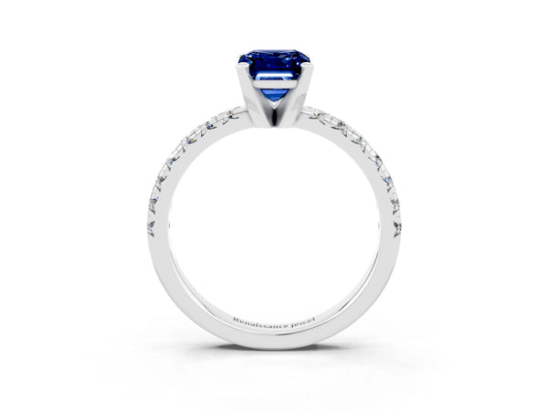 White gold Emerald Cut Blue Sapphire Solitaire Pavé Engagement Ring with Round Band and Prong Setting
