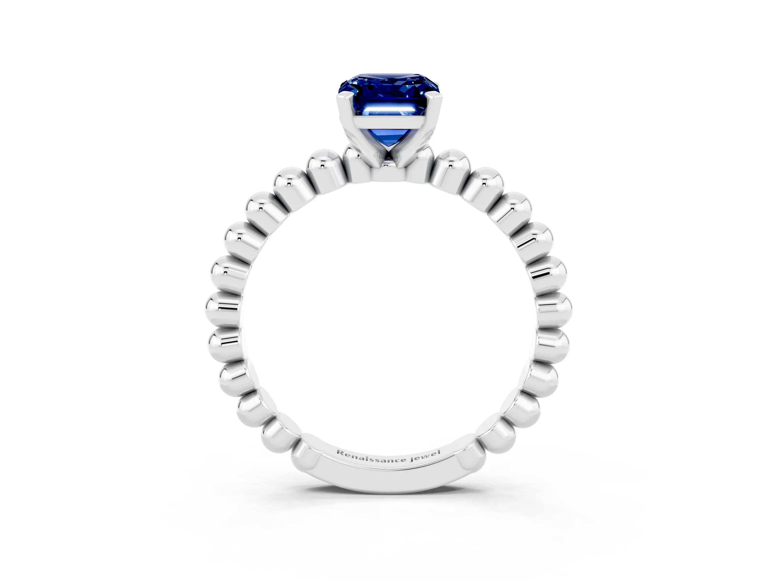 White gold Emerald Cut Blue Sapphire Solitaire Ring with Beaded Band and Prong Setting_15