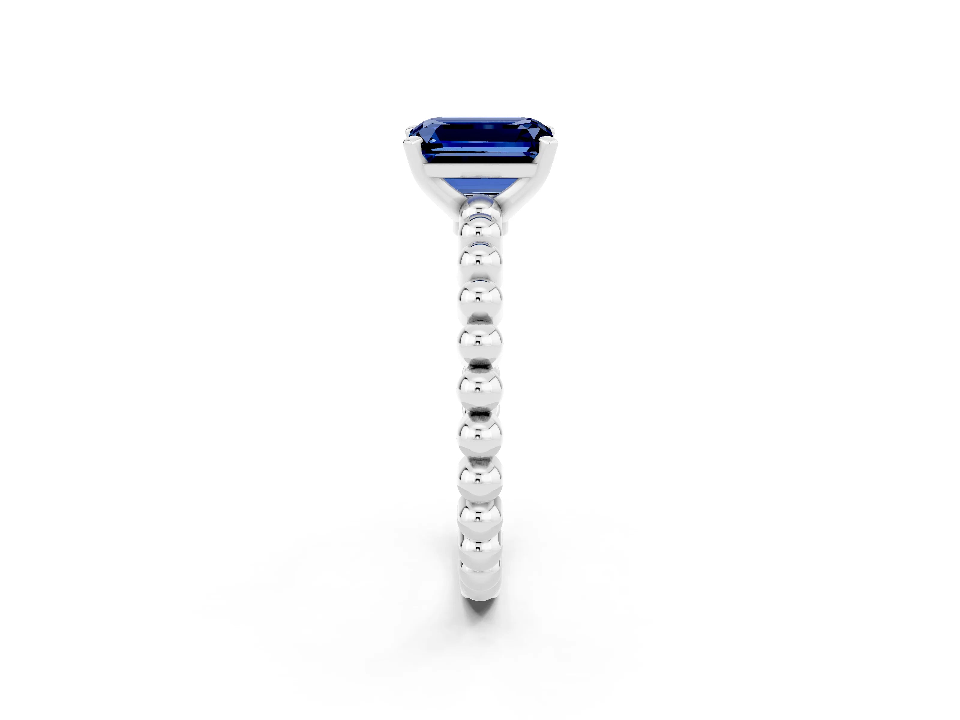 White gold Emerald Cut Blue Sapphire Solitaire Ring with Beaded Band and Prong Setting_2