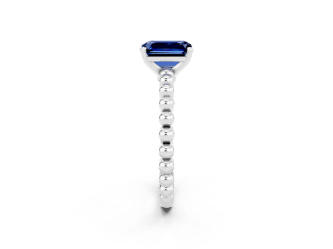 White gold Emerald Cut Blue Sapphire Solitaire Ring with Beaded Band and Prong Setting_2