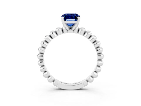 White gold Emerald Cut Blue Sapphire Solitaire Ring with Beaded Band and Prong Setting_3